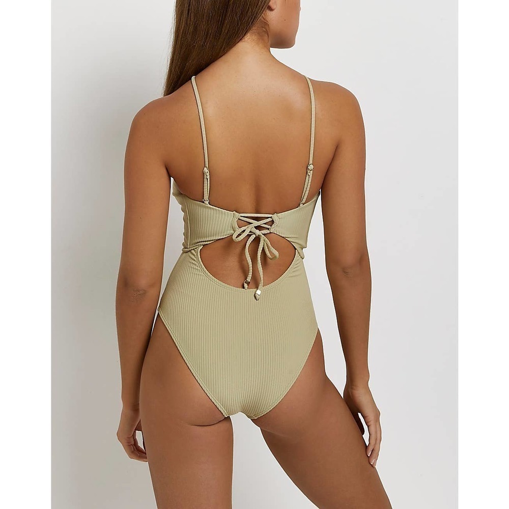 New River Island Ribbed Cut Out Swimsuit Stretch Solid Green Women's Size 8 - Picture 2 of 13
